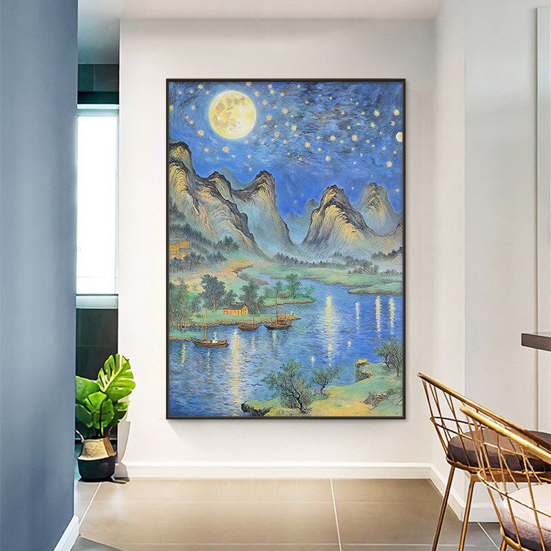 梵高风景玄关装饰画手绘油画入户正对门挂画抽象田园客厅竖版壁画