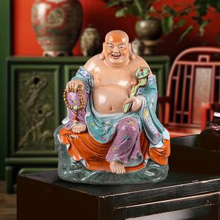 景德镇陶瓷手工雕刻绘画五子登科佛笑口弥勒佛多子佛客厅供奉摆件