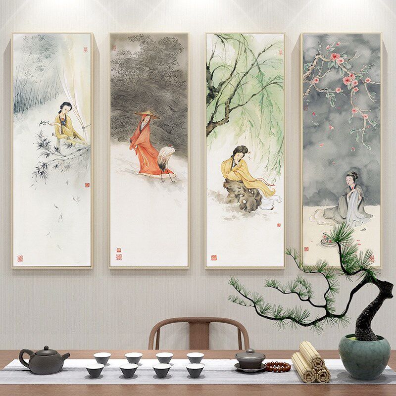 客厅x仕女图 中国四大美女挂画新中式茶室古风定做装饰壁画艺术