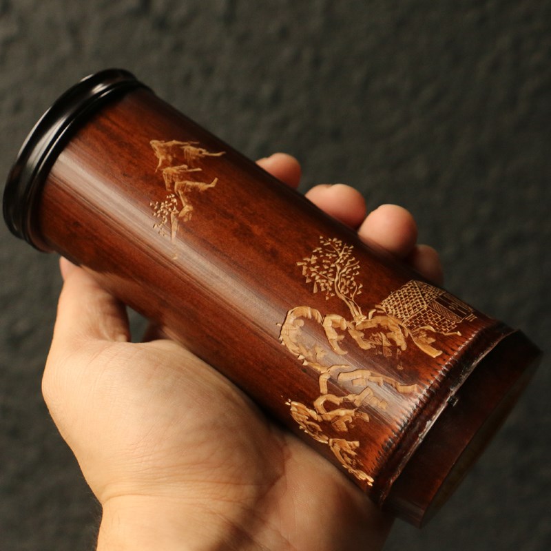 百年拆房老煤竹黑檀木口盖纯手工精工雕刻茶道茶叶罐茶仓竹雕