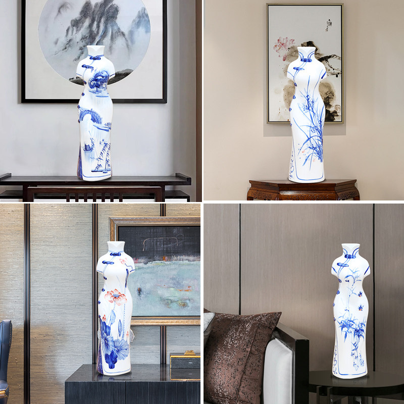 景德镇陶瓷器青花瓷旗袍美女摆件创意礼品手工艺品家居客厅装饰品