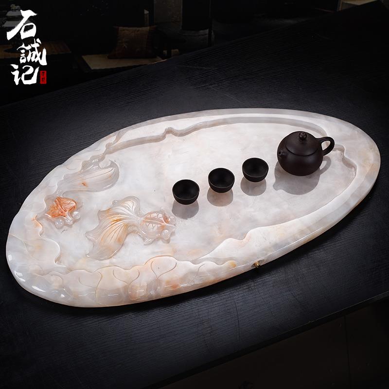 阿富汗白玉排水式茶盘 天然石中式湿泡茶台 办公室用白玉茶盘 腾