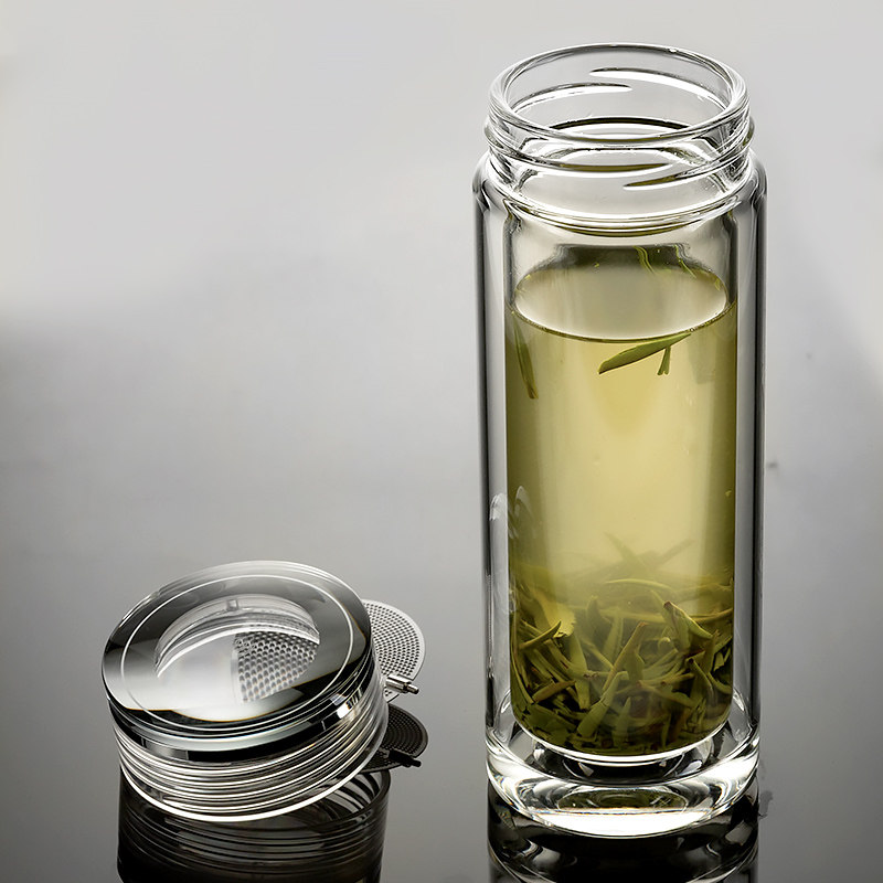 高档水晶双层玻璃杯男士女泡茶杯子隐藏过滤便携透明水杯照片刻字