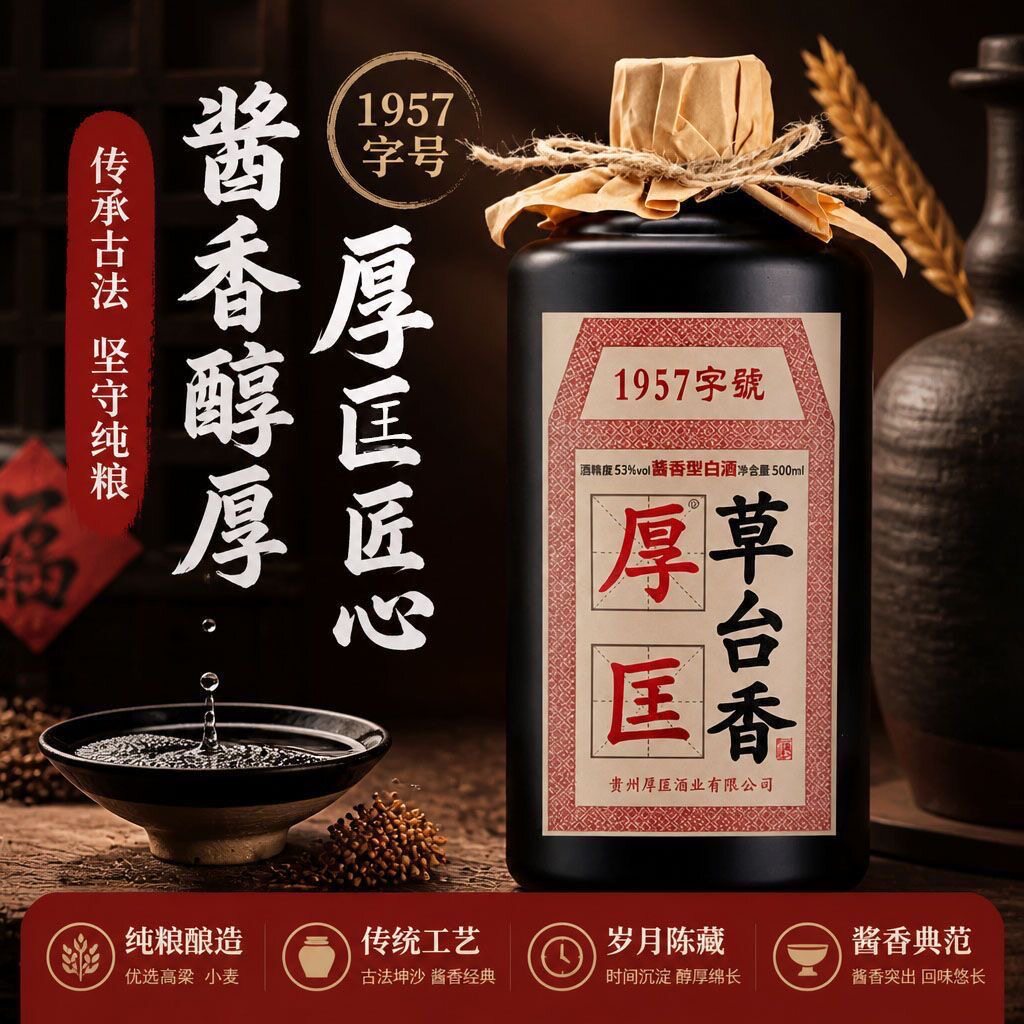 贵州厚匡草台香53度酱香型白酒纯粮食原浆口粮酒陈酿自饮整箱6瓶
