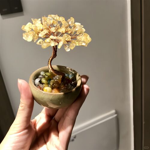 玄关高级聚宝盆小摆件陶瓷底座水晶发财树办公桌面创意手工工艺品