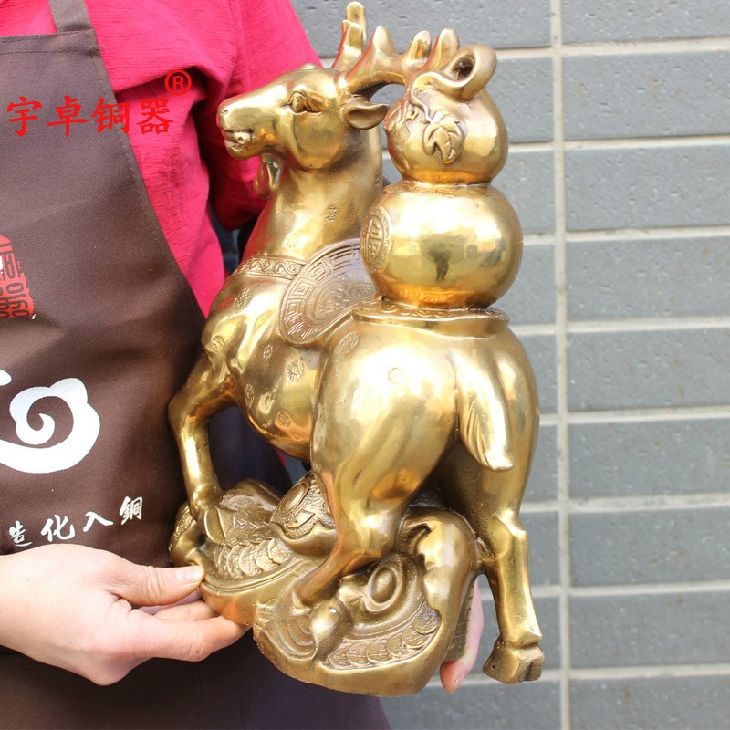 宇卓铜器 纯铜鹿黄铜鹿背葫芦鹿驮葫芦鹿家居装饰工艺品摆件