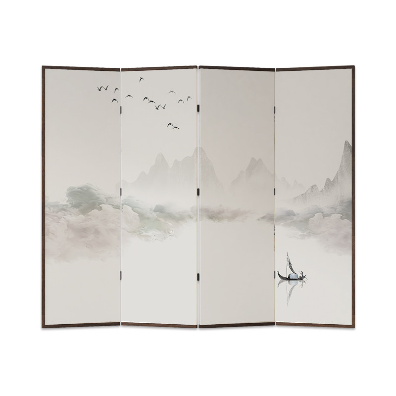 新中式实木屏风隔断折叠移动办公室酒店浅色国画客厅沙发背景墙