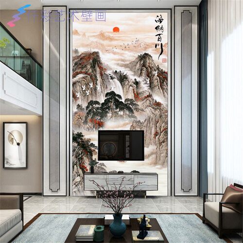中式山水影视墙布别m墅客厅挑高复式楼玄关电视背景墙壁布生财壁