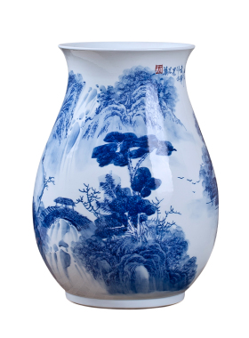 景德镇陶a瓷器手绘青花瓷花瓶摆件新中式客厅电视柜家居装饰品瓷