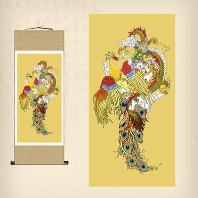 龙飞凤舞丝绸卷轴画竖幅龙凤吉祥挂画客厅办公室装饰画镇宅招财画