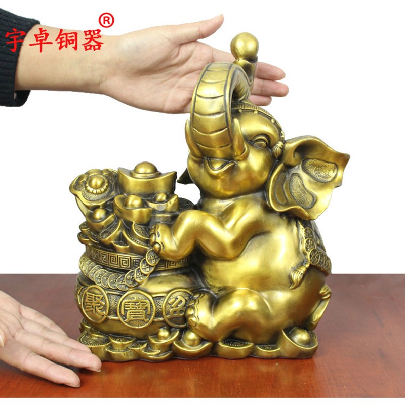 宇卓铜器 纯铜象黄铜象抱聚宝盆象坐象工艺品摆饰