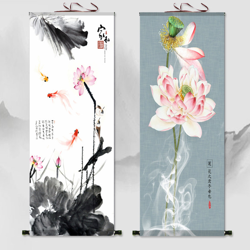 荷花图花鸟画卷轴画丝绸画绢画新中式轻奢挂画玄关装饰画鱼戏莲叶