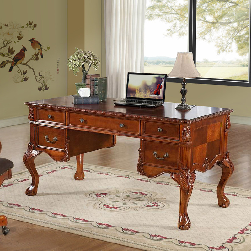 美式实木书桌家用办公桌电脑桌椅组合欧式书房写字台学习桌1.5米