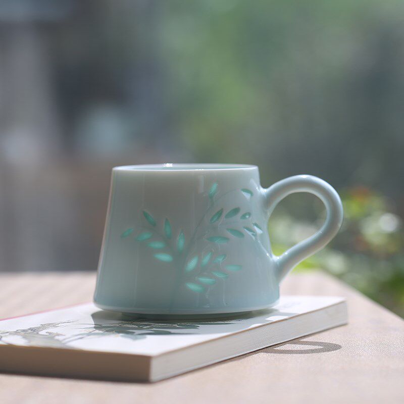子木树叶玲珑瓷马克杯景德镇陶瓷水杯咖啡杯家用清新简约杯子女