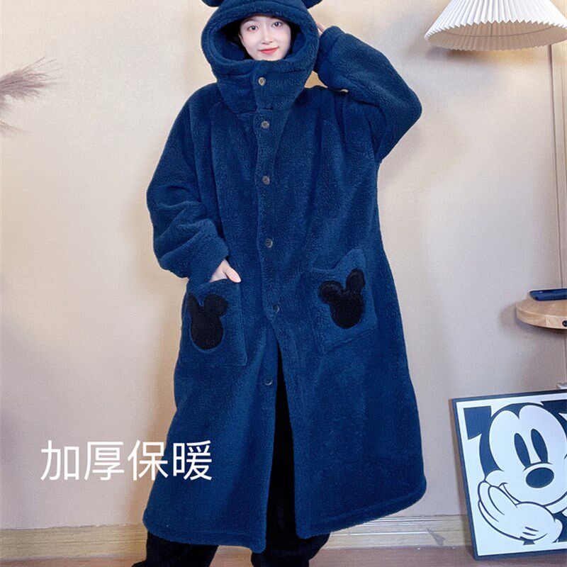秋冬新款加厚保暖舒棉绒睡衣家居服情侣套装大码宽松中长款睡袍女