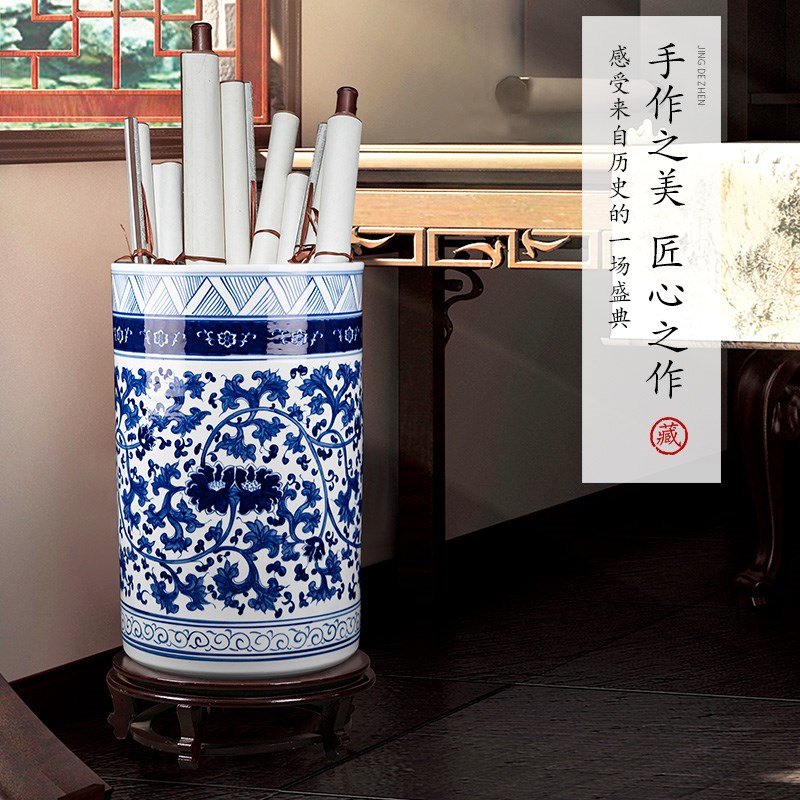 景德镇陶瓷花瓶画缸卷轴缸新中式客厅书房手绘青花瓷摆件画桶直筒