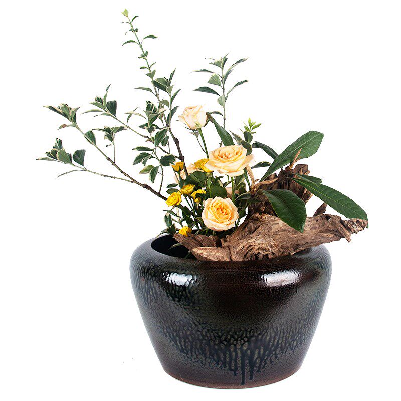 中华花艺大缸花器剑山插花器花艺教学茶室摆设器皿花道陶瓷仿柴烧