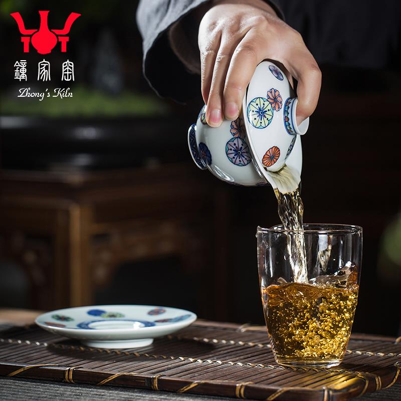 钟家窑三才盖碗 景德镇全手工手绘柴窑青花斗彩皮球花泡茶碗茶具