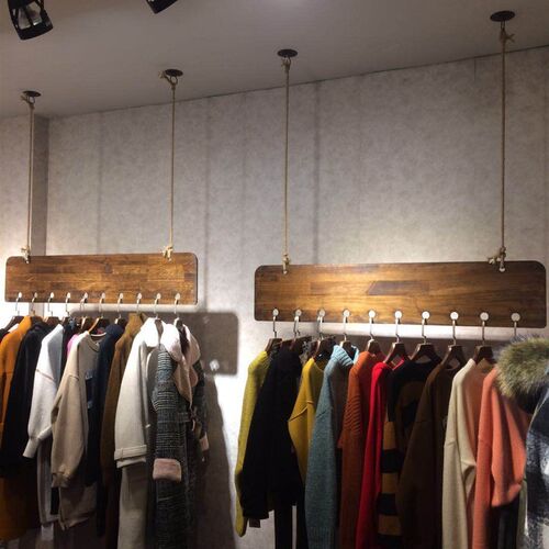服装店吊顶悬挂吊环衣架 实木橱窗展示架 麻绳吊挂店铺装修挂衣架