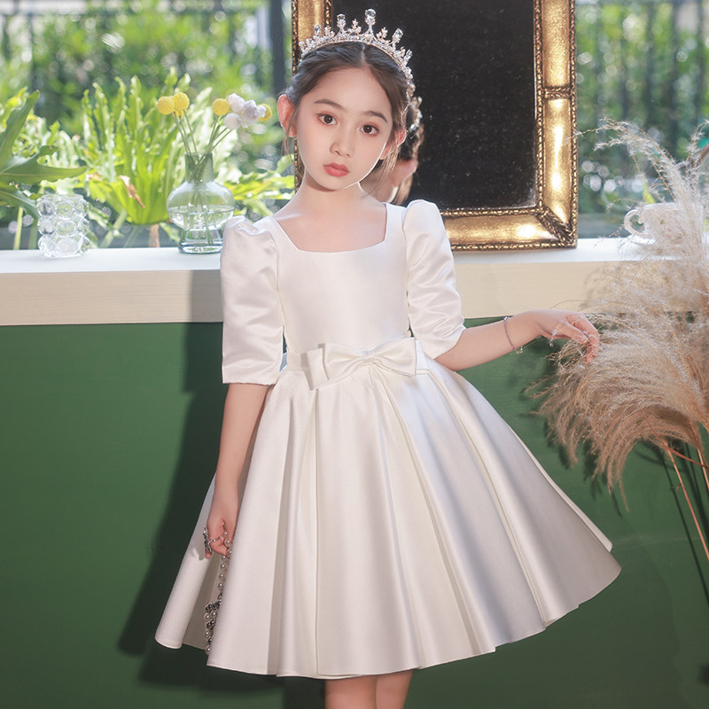 花童小女孩缎面礼服儿童主持人生日公主裙女童钢琴演出服白色表演