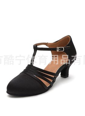 2026新款亚马逊跨境女士拉丁舞鞋缎面T型绑带搭扣中跟适合晚会低