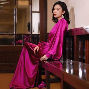 2026新款玫红色深v领宴会晚礼服欧美气质长袖连衣裙气质显瘦主持