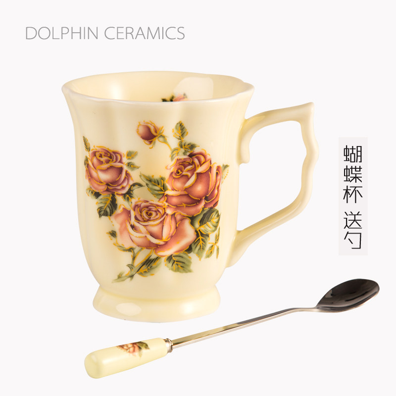 韩式耐高温女皇玫瑰陶瓷牛奶早餐茶水杯奶茶杯蝴蝶杯送勺可微波炉