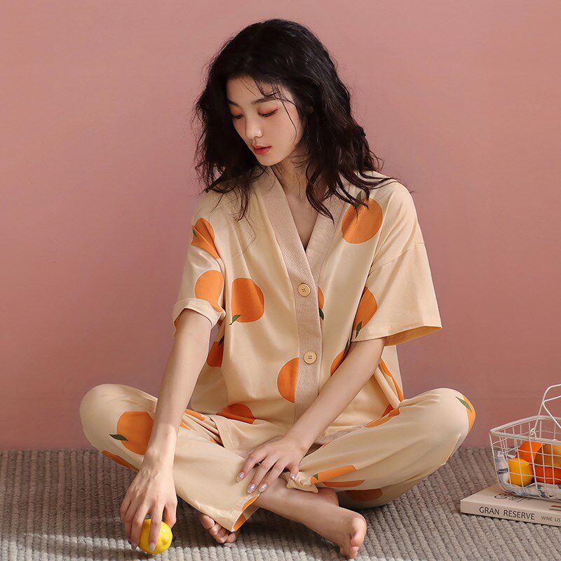 女士睡衣春夏季薄款纯棉短袖长裤月子开衫甜美家居服夏天宽松套装