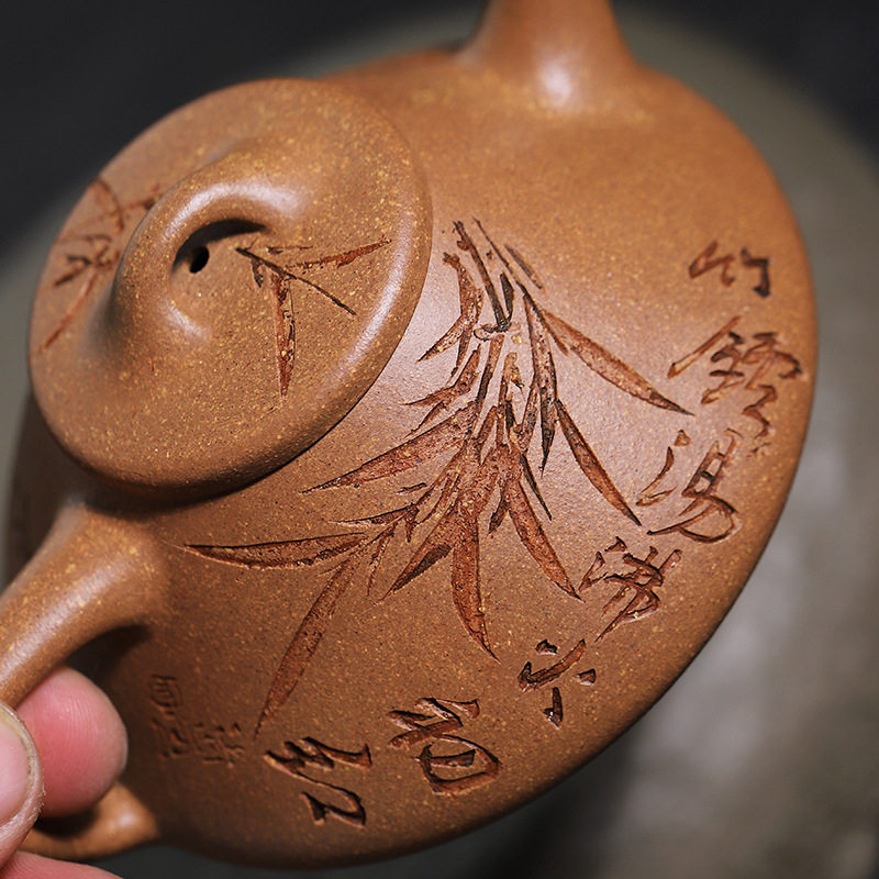 宜兴紫砂壶纯手工陶刻竹叶子冶石瓢原矿降坡泥茶壶国助工范勤君