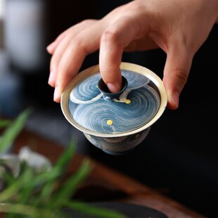 景德镇牧渔入海手工悬停盖碗化妆土粗陶复古陶瓷不烫手功夫茶具