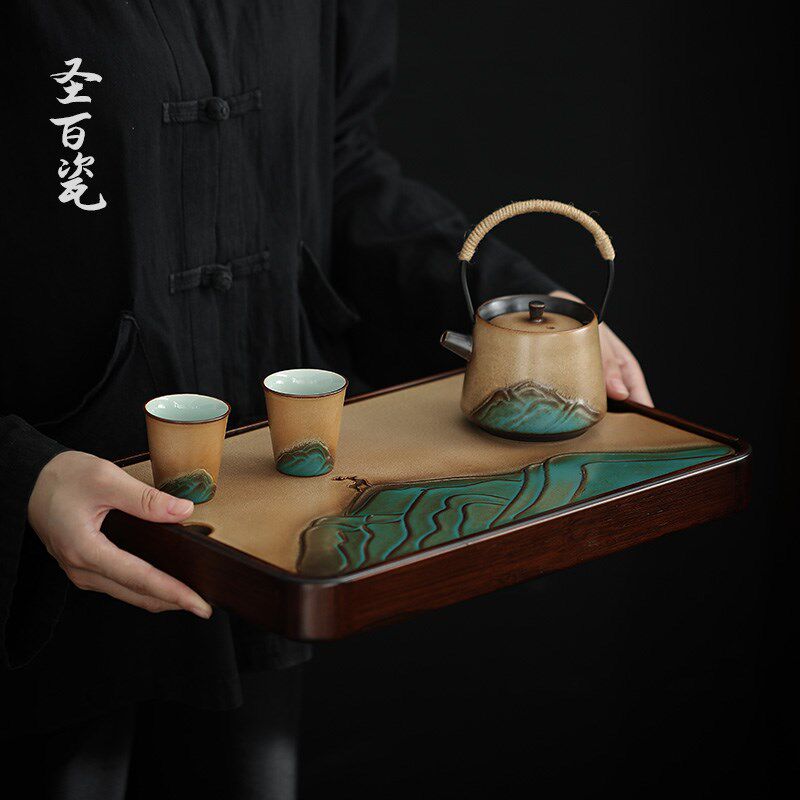 陶瓷蓄水茶盘日式家用简约功夫茶具实木干泡茶台长方托盘壶承茶海