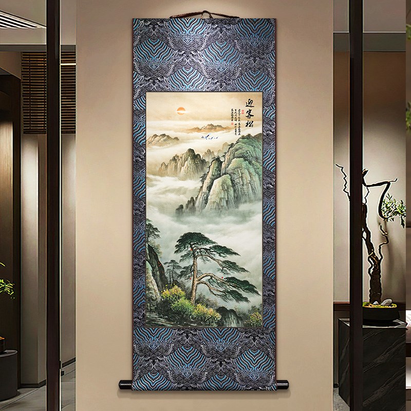 迎客松国画新中式宋锦卷轴挂画玄关过道装饰画客厅书房餐厅墙壁画