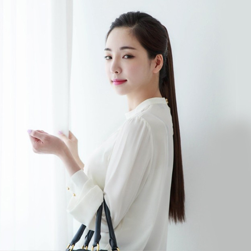 真发马尾假发女中超长直发60内扣绑带式全真人头发丝辫子自然神器