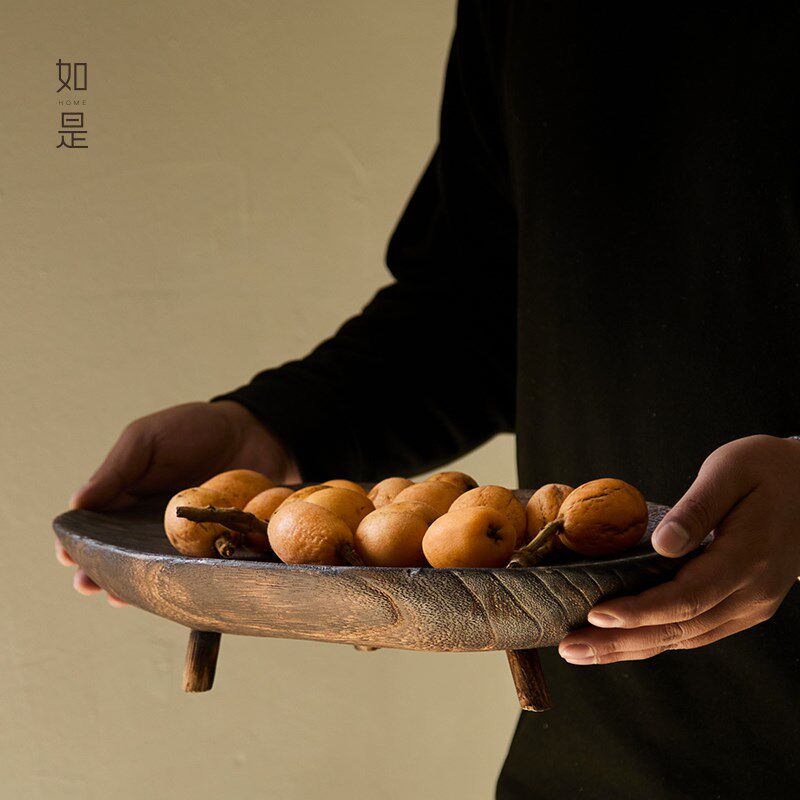 如是/复古侘寂风实木大盆果盘水果点心托盘装饰手工做旧家用摆件