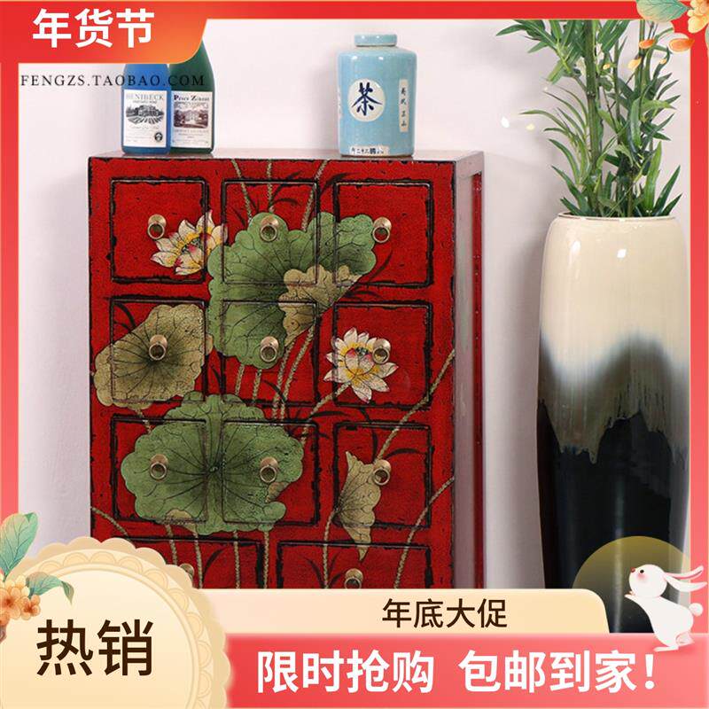 新中式复古斗柜做旧抽屉柜实木玄关隔断餐边柜彩绘客厅储物收纳柜