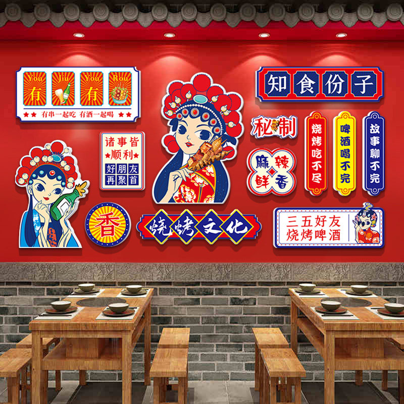 国潮风网红打卡背景墙装饰撸串串烤肉炸串烧烤店墙面装修创意墙纸图片