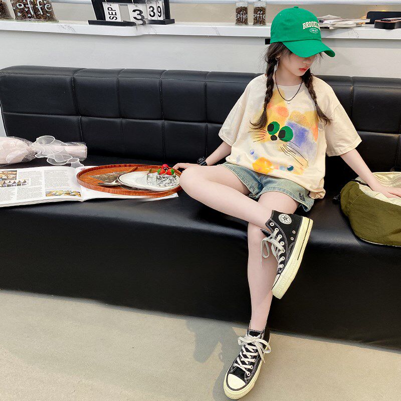女童夏季纯棉短袖T恤2024新款女大童夏装t牛仔裤儿童夏天两件套装