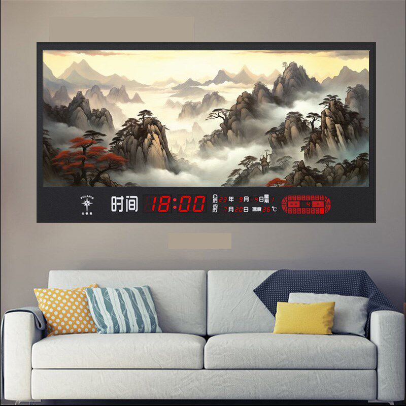 新款山水画挂钟万年历电子钟静音夜光数码日历钟表客厅装饰画时钟