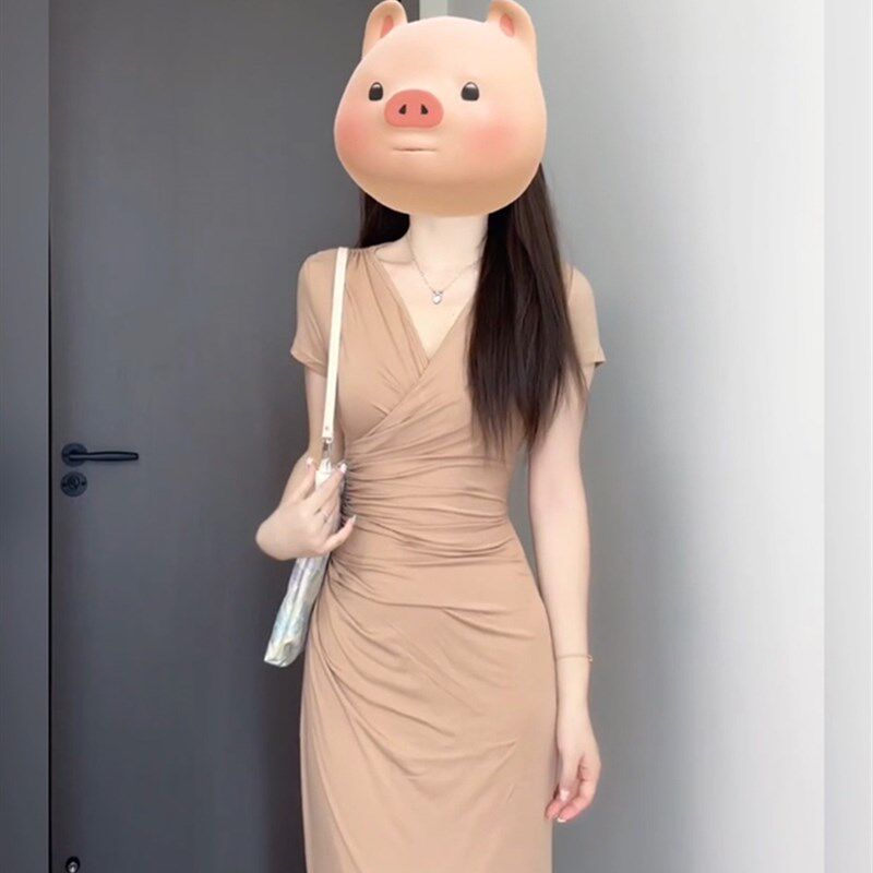 XZY/欣争艳 胖mm法式御姐气质褶皱短袖连衣裙女夏季修身包臀长裙