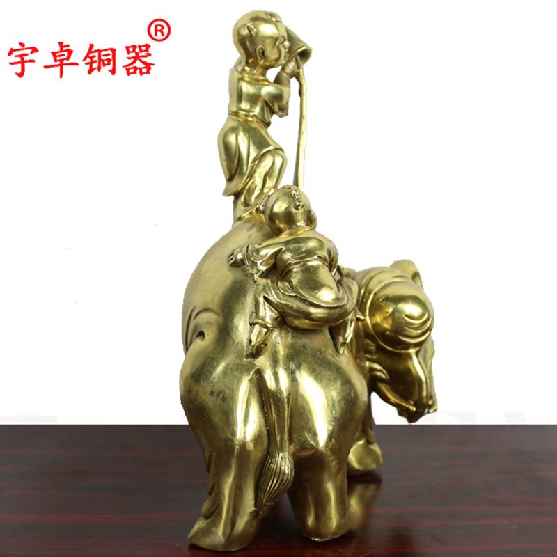 宇卓铜器铜童子戏象 纯铜大象黄铜象双童子家居装饰工艺品摆件