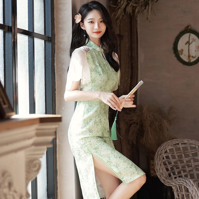 2024亲子旗袍母女装夏洋气高开叉女童连衣裙修身显瘦一模一样蕾丝
