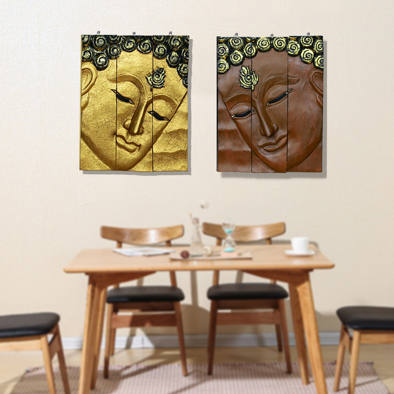 泰国实木佛像壁饰浮雕墙饰佛祖挂板金箔佛脸装饰画墙面软装画立体