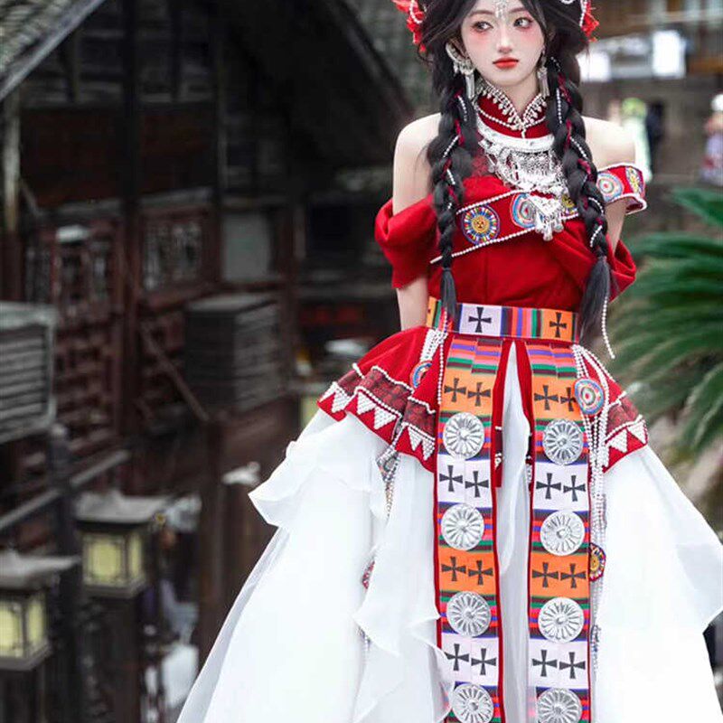 纳西族服装女改良版头饰礼服长裙云南贵州旅拍摄影少数民族演出服