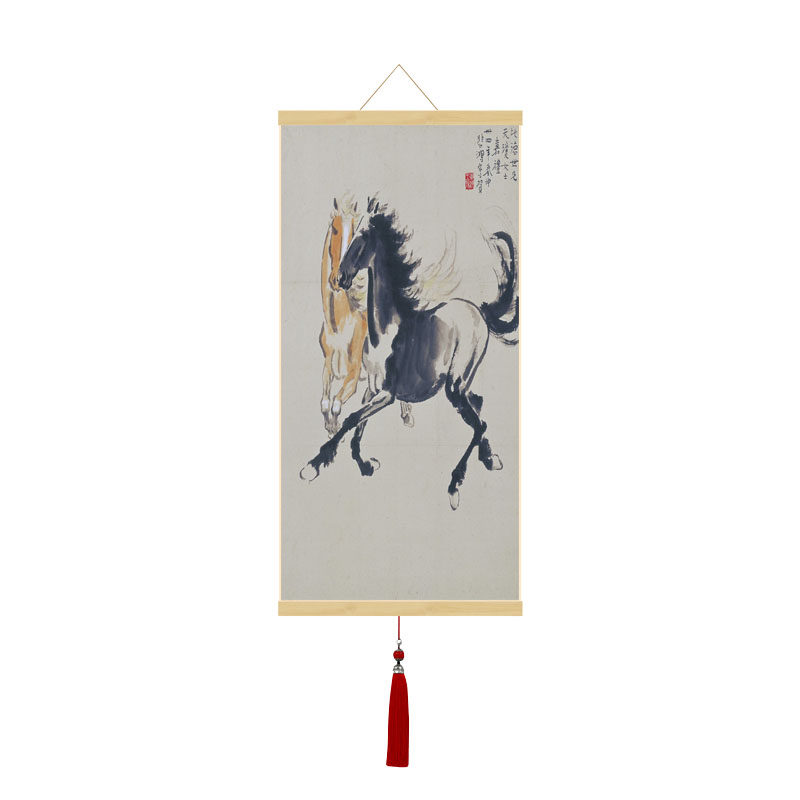 新中式卷轴画徐悲鸿奔马图字画书房装饰画玄关电表箱画丝绸画微喷