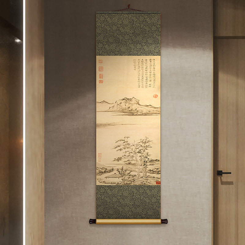 倪瓒秋亭嘉树图卷轴挂画中式书房茶室复古装饰画客厅玄关山水国画