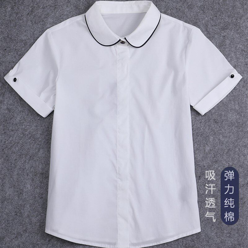 女童白衬衫圆领短袖纯棉夏季薄中大儿童白色衬衣演出服小学生校服