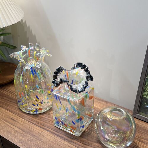 小山园糖果系列  透明珠光琉璃花瓶 复古风手工吹制花瓶客厅摆件
