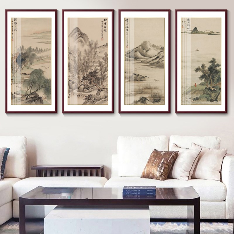 新中式客厅挂画玄关装饰画茶室餐厅书房壁画走廊实木框画潇湘八景