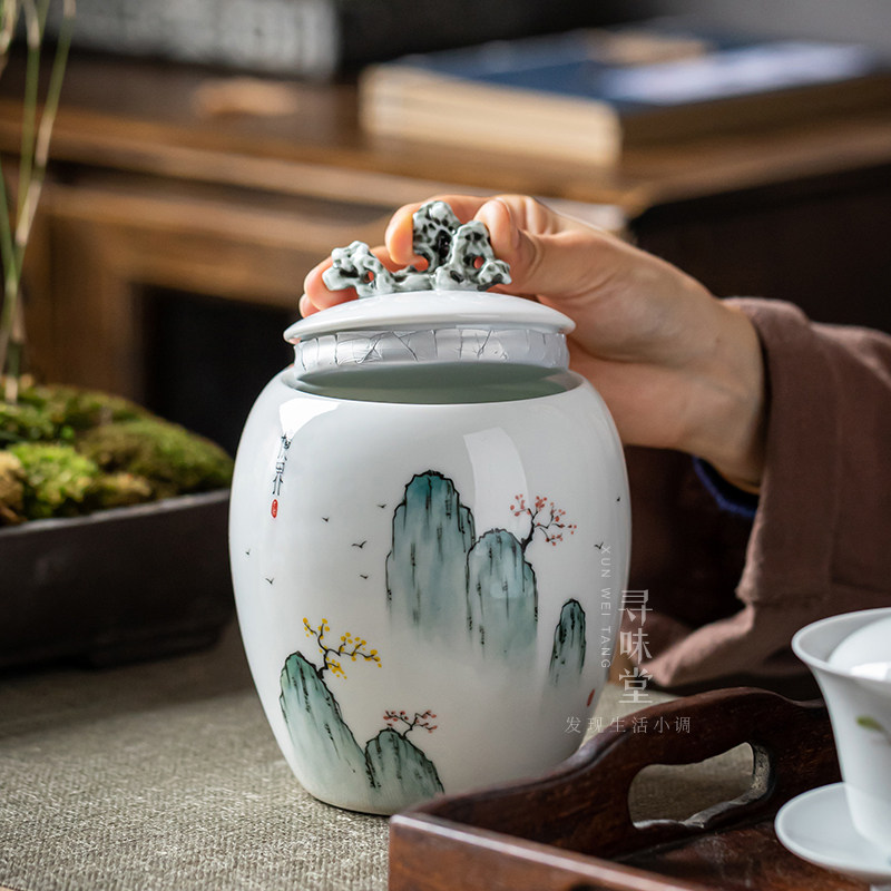 手绘云端茶叶罐素雅新中式雅致湖石家用陶瓷储茶密封罐功夫茶具