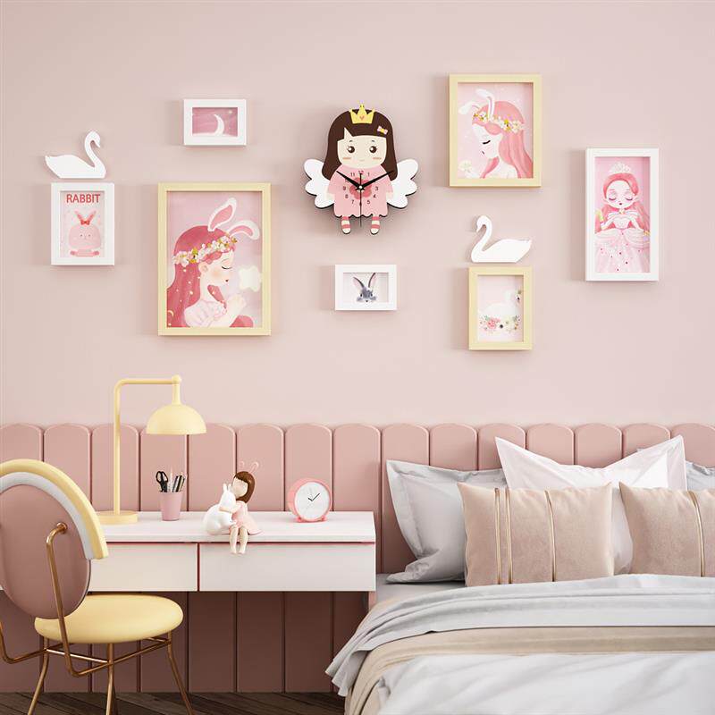 儿童房照片墙女孩卧室粉色床头挂画相框挂钟组合幼儿园卡通装饰画